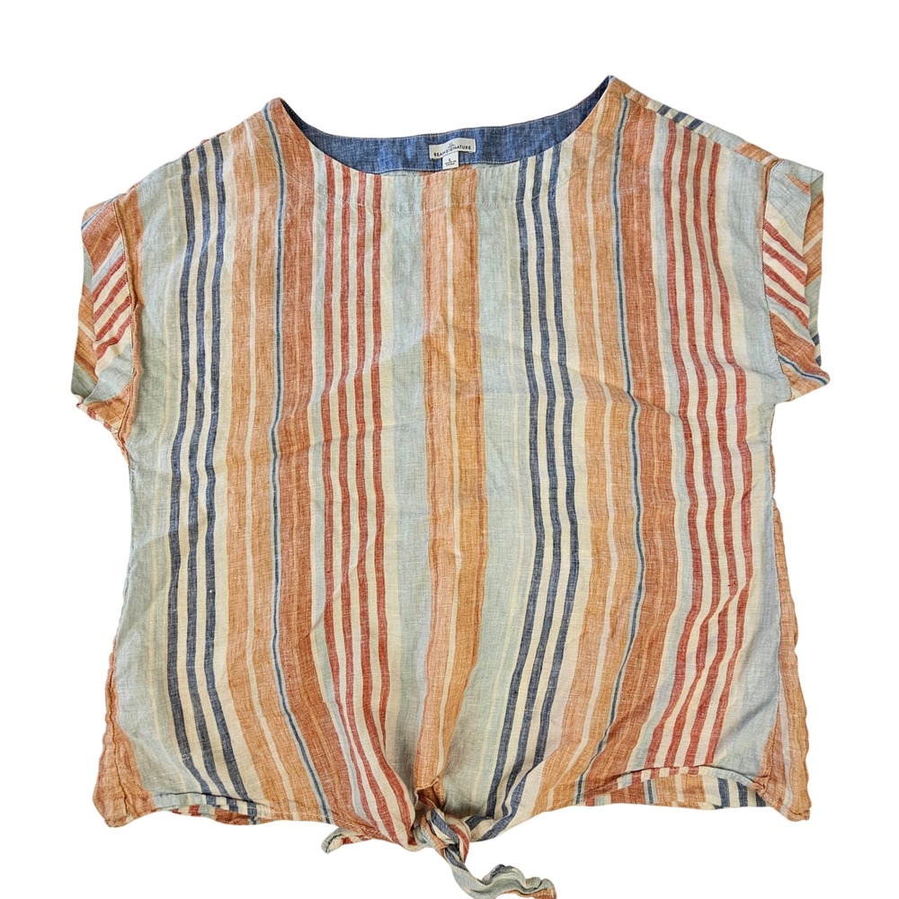 LL Bean Signature Women's Large Linen Striped Front Tie Short Sleeve Top Shirt